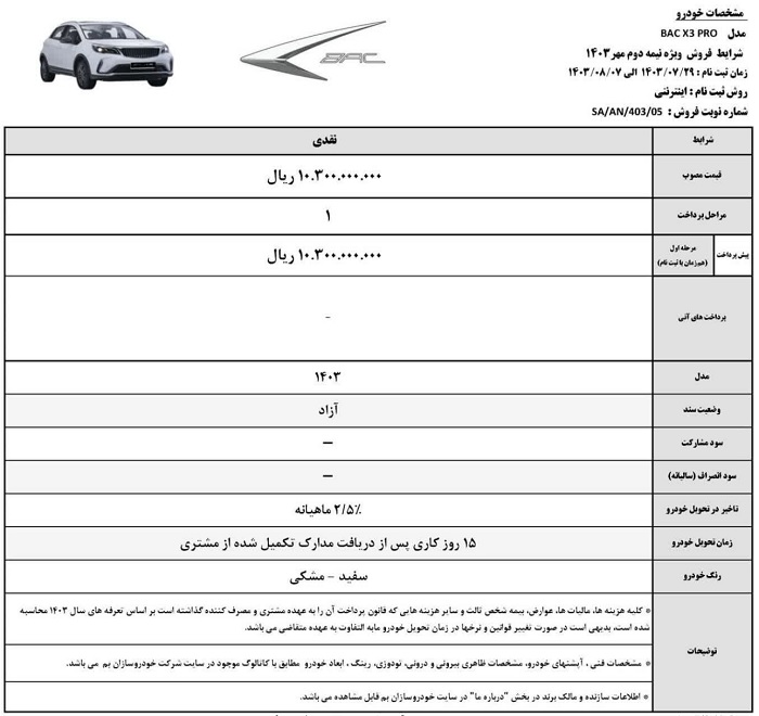 شرایط فروش BAC X3 PRO