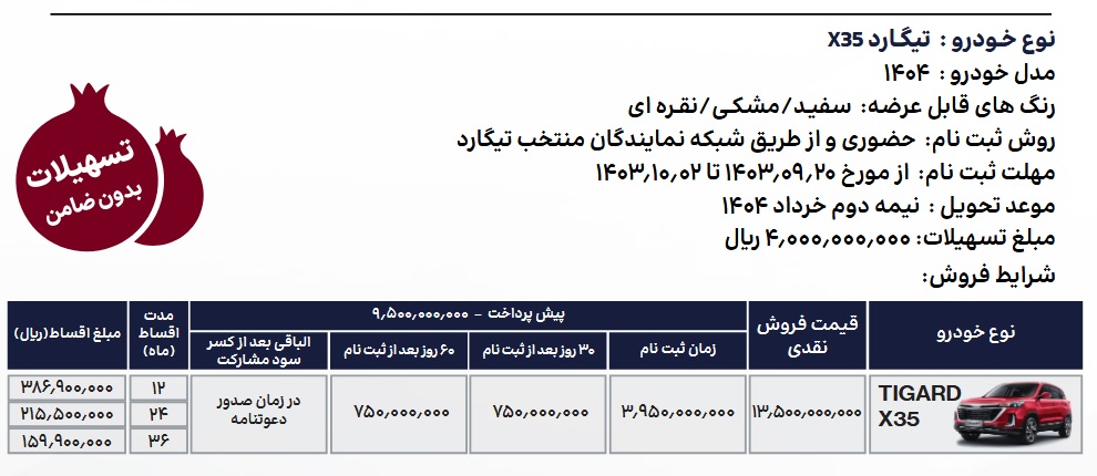 شرایط فروش اقساطی تیگارد X35